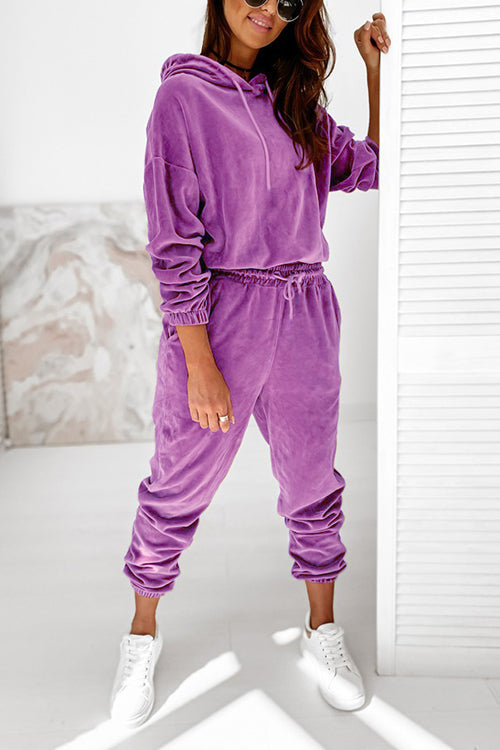 Velvet Drawstring Hooded Joggrt Set - Fashionpara