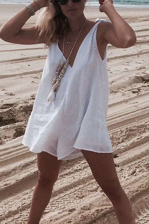 Tie Shoulder V Nck Romper - Fashionpara