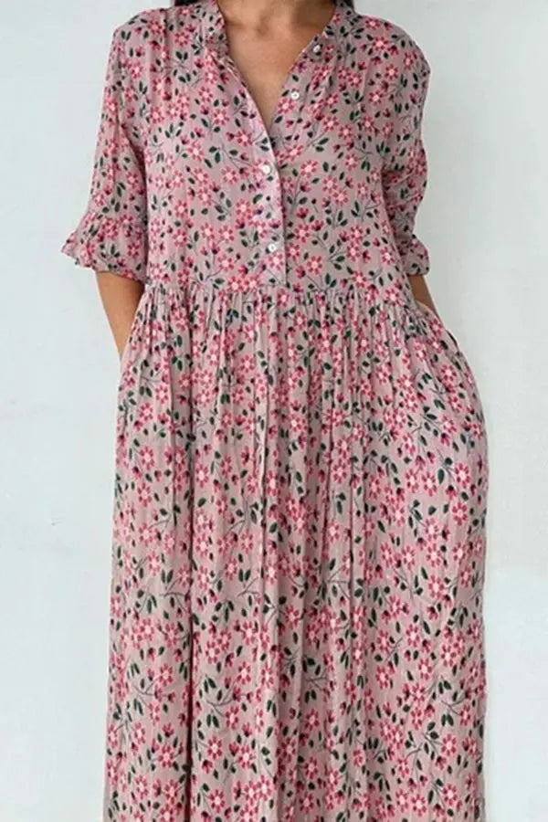 Floral Button Flares Sleeve Dress - Fashionpara