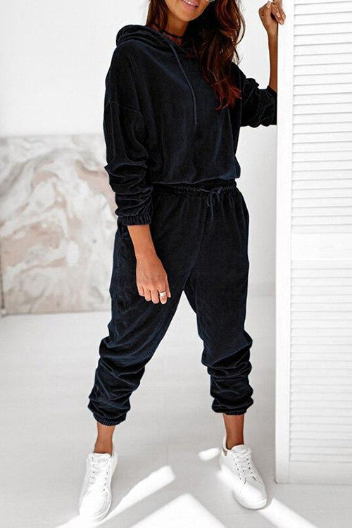 Velvet Drawstring Hooded Joggrt Set - Fashionpara