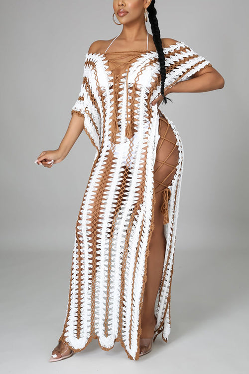 Stripe V Neck Side Slit Hollow Caftan Dress - Fashionpara