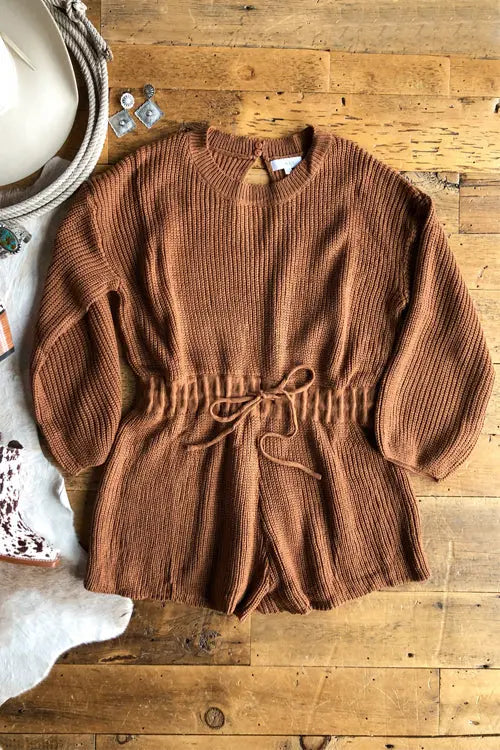 O Neck Puff Long Drawstring Sweater Romper  Fashionpara