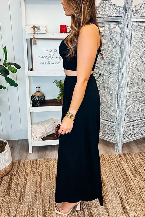 Hollow Out Solid Wide Leg Two Piece Sets - Fashionpara