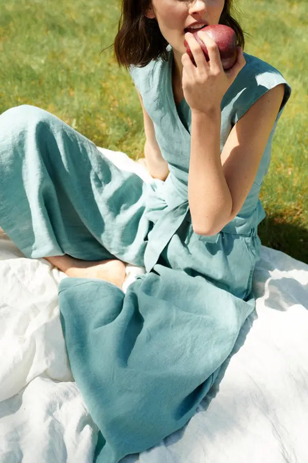 V Neck Tie Tank Top Flared Pants Set - Fashionpara