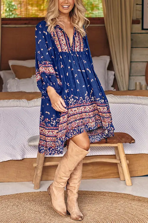 Boho Print Long Sleeve Mini Dress - Fashionpara