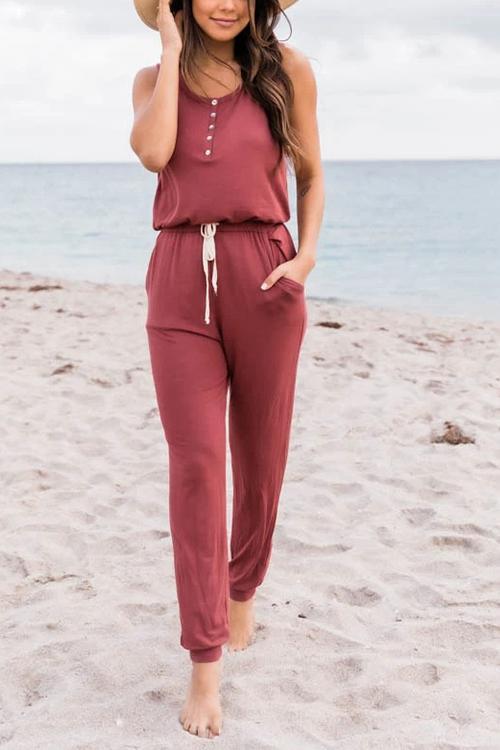 Button Sleeveless Drawstring Jumpsuits - Fashionpara