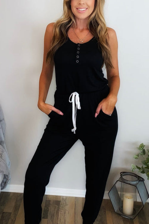 Button Sleeveless Drawstring Jumpsuits - Fashionpara