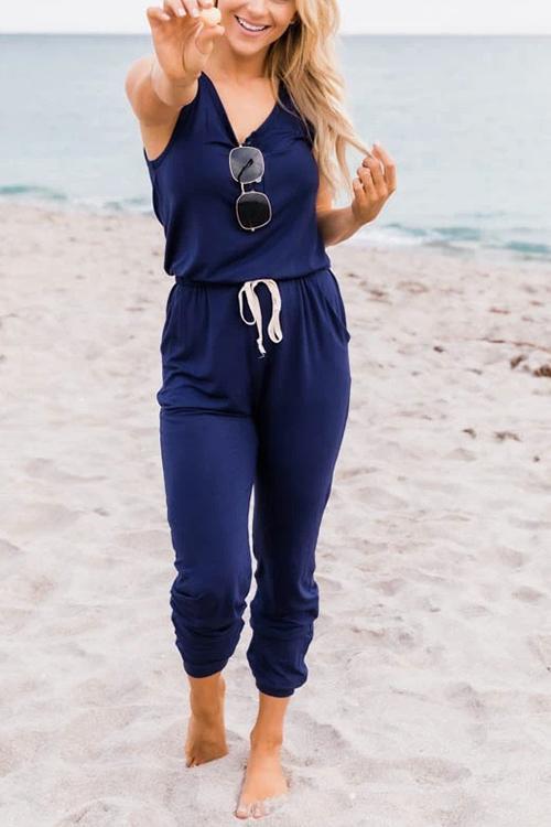 Button Sleeveless Drawstring Jumpsuits - Fashionpara