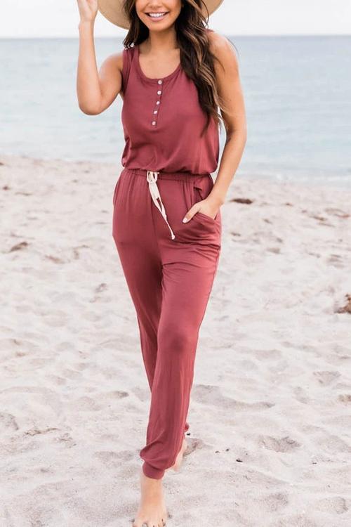 Button Sleeveless Drawstring Jumpsuits - Fashionpara