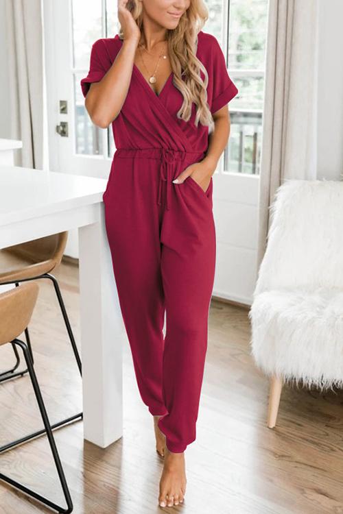 V Neck Drawstring Pockets Jumpsuits - Fashionpara