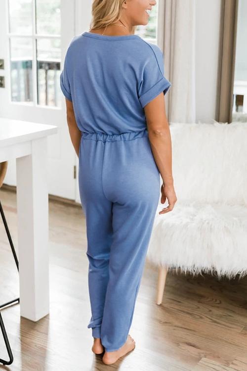 V Neck Drawstring Pockets Jumpsuits - Fashionpara
