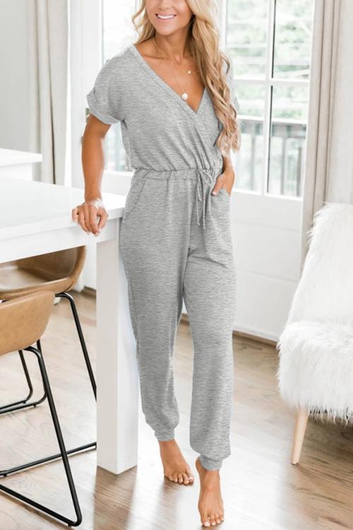 V Neck Drawstring Pockets Jumpsuits - Fashionpara