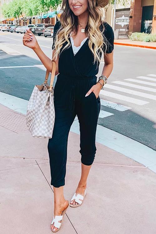 V Neck Drawstring Pockets Jumpsuits - Fashionpara