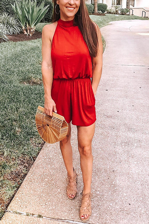 Solid Sleeveless Open Back Romper - Fashionpara