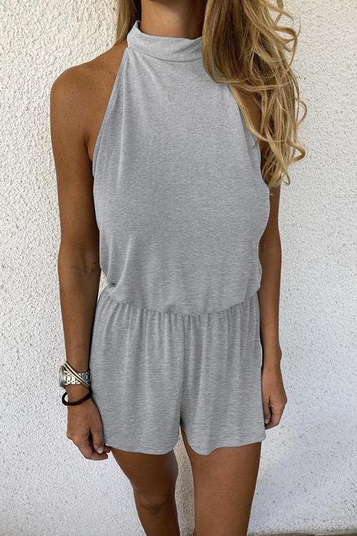 Solid Sleeveless Open Back Romper - Fashionpara