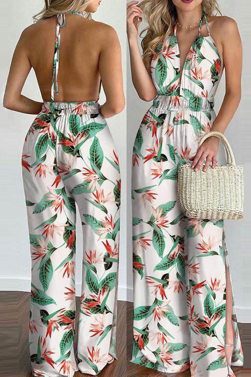 Floral Print Backless Slit Slip Jumpsuits - Fashionpara
