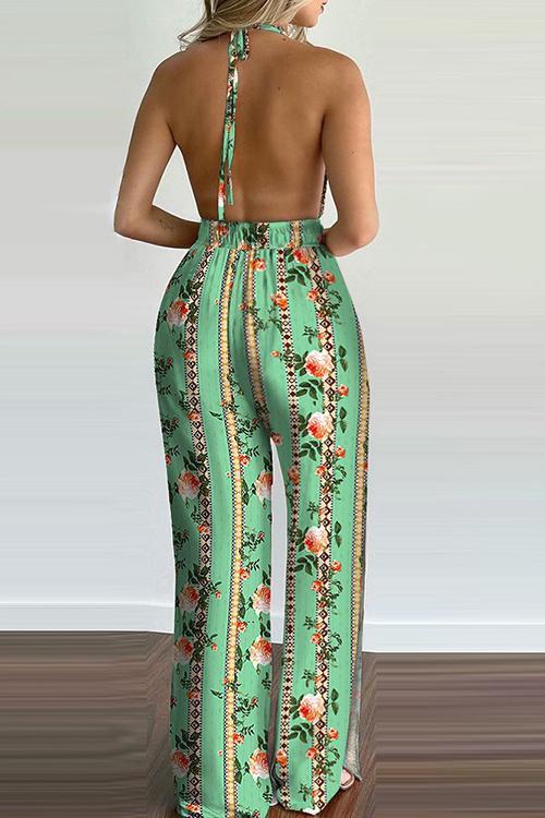 Floral Print Backless Slit Slip Jumpsuits - Fashionpara