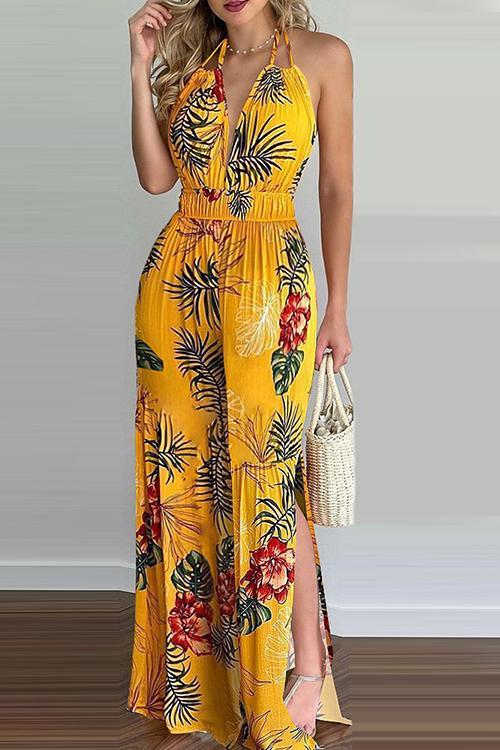 Floral Print Backless Slit Slip Jumpsuits - Fashionpara