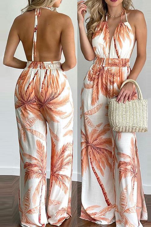 Floral Print Backless Slit Slip Jumpsuits - Fashionpara