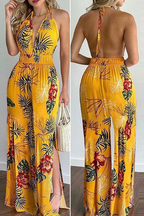 Floral Print Backless Slit Slip Jumpsuits - Fashionpara