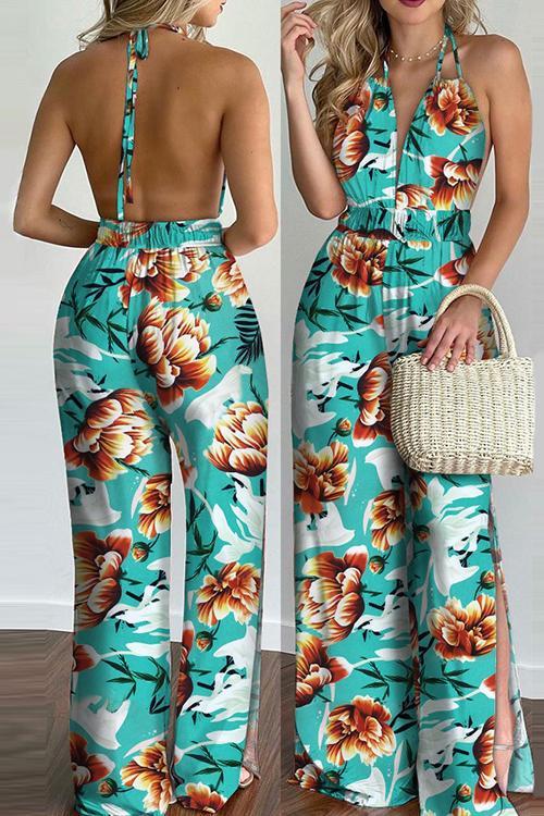 Floral Print Backless Slit Slip Jumpsuits - Fashionpara