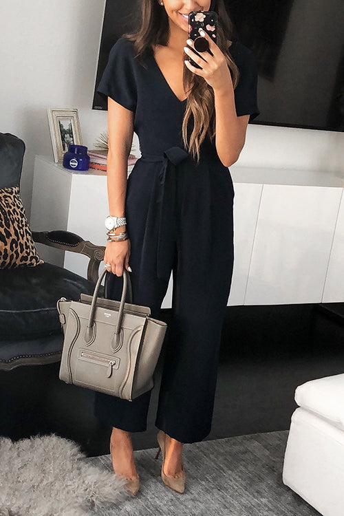 Solid Pockets V Neck Belted Jumpsuits - Fashionpara