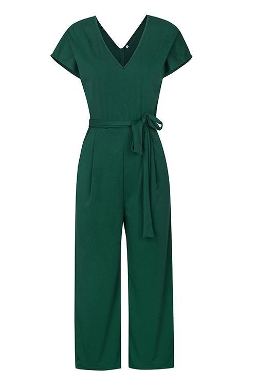 Solid Pockets V Neck Belted Jumpsuits - Fashionpara