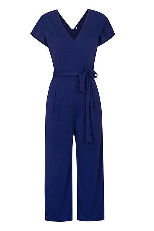 Solid Pockets V Neck Belted Jumpsuits - Fashionpara