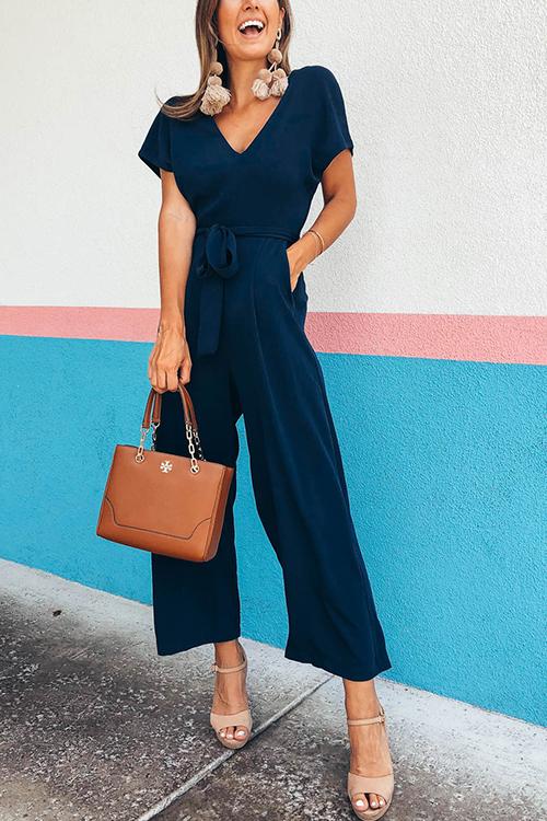Solid Pockets V Neck Belted Jumpsuits - Fashionpara