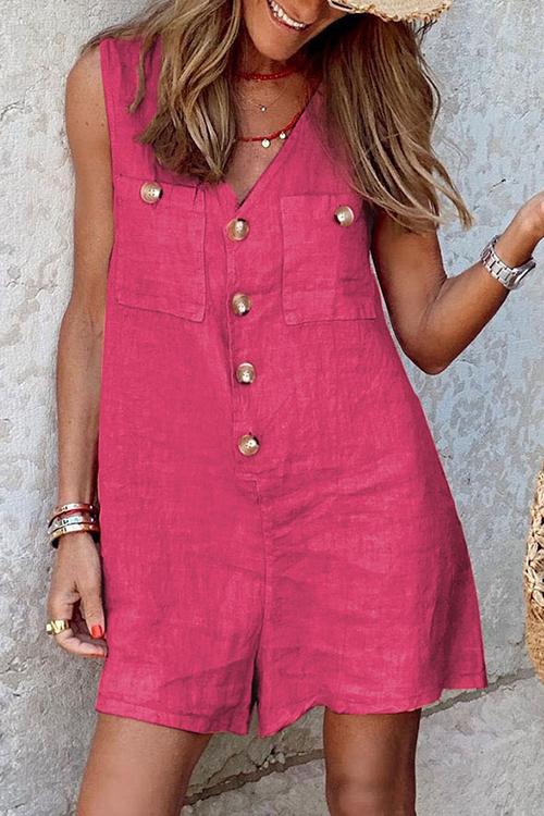 Button V Neck Pockets Romper - Fashionpara