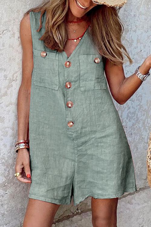 Button V Neck Pockets Romper - Fashionpara