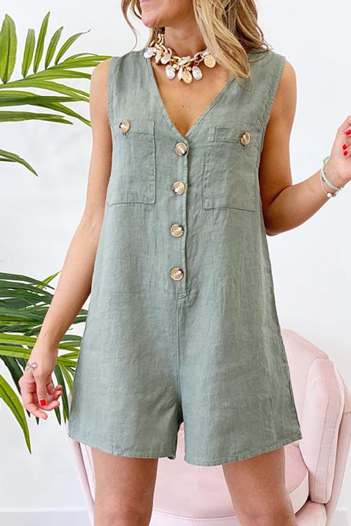 Button V Neck Pockets Romper - Fashionpara