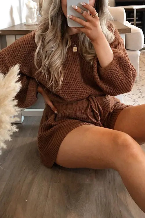O Neck Puff Long Drawstring Sweater Romper - Fashionpara