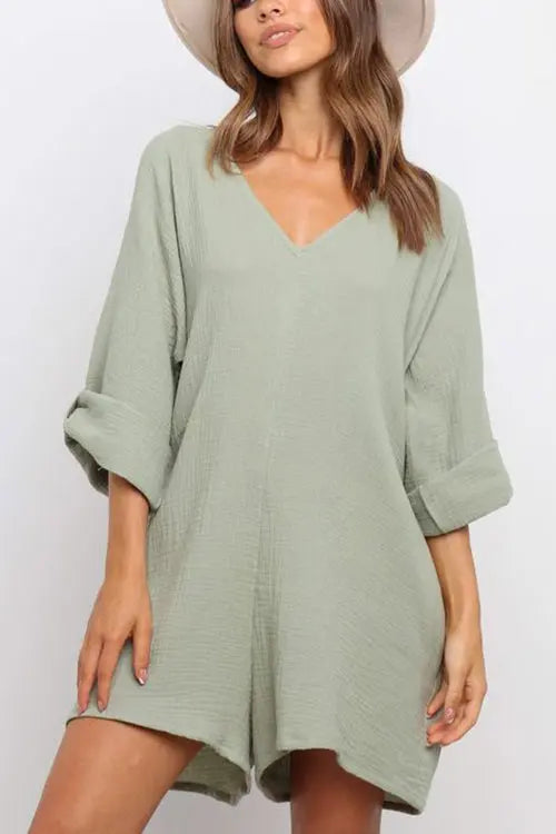 V Neck Pockets Loose Romper - Fashionpara