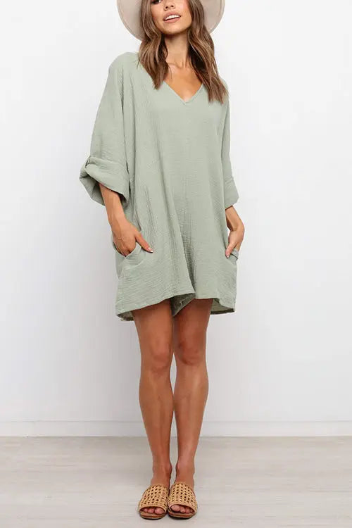 V Neck Pockets Loose Romper - Fashionpara