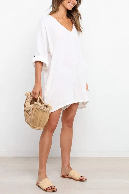 V Neck Pockets Loose Romper - Fashionpara