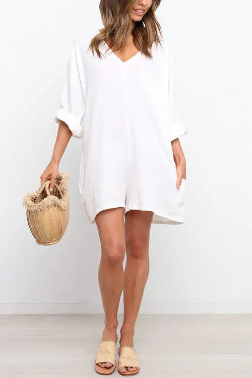 V Neck Pockets Loose Romper - Fashionpara