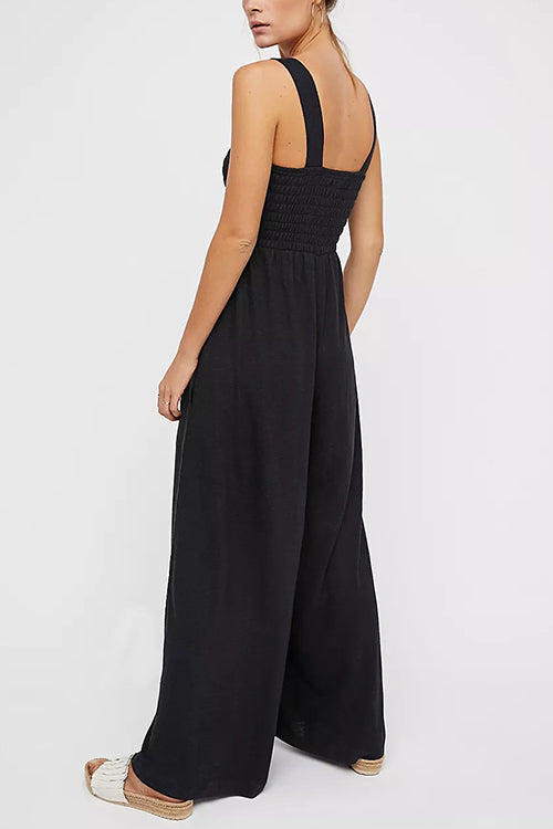Smocked Bodice Pockets Jumpsuits - Fashionpara