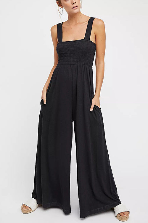Smocked Bodice Pockets Jumpsuits - Fashionpara