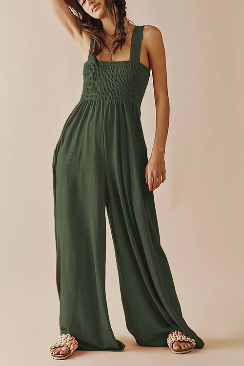 Smocked Bodice Pockets Jumpsuits - Fashionpara