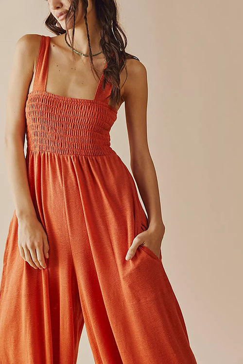 Smocked Bodice Pockets Jumpsuits - Fashionpara