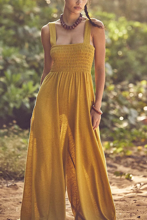 Smocked Bodice Pockets Jumpsuits - Fashionpara