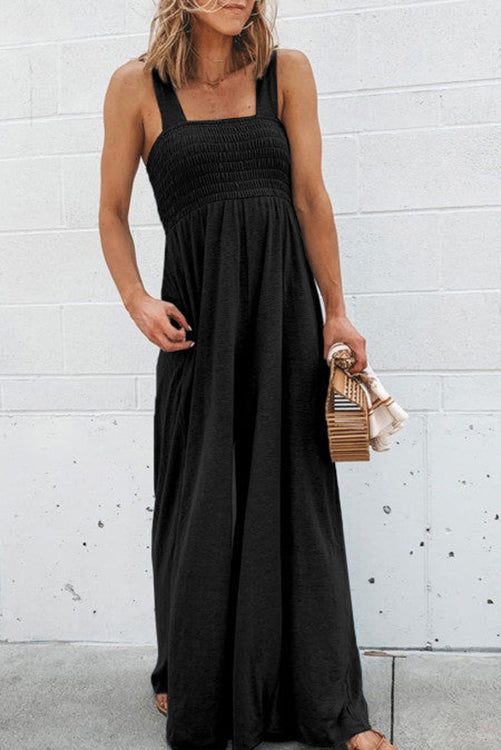 Smocked Bodice Pockets Jumpsuits - Fashionpara