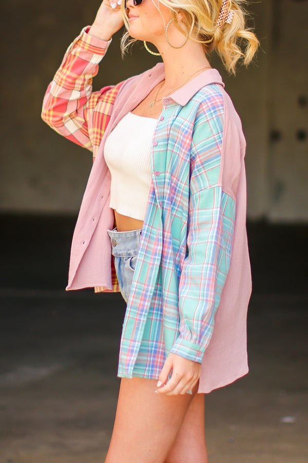 Late Goodbye Plaid Contrast Color Block Top - Fashionpara