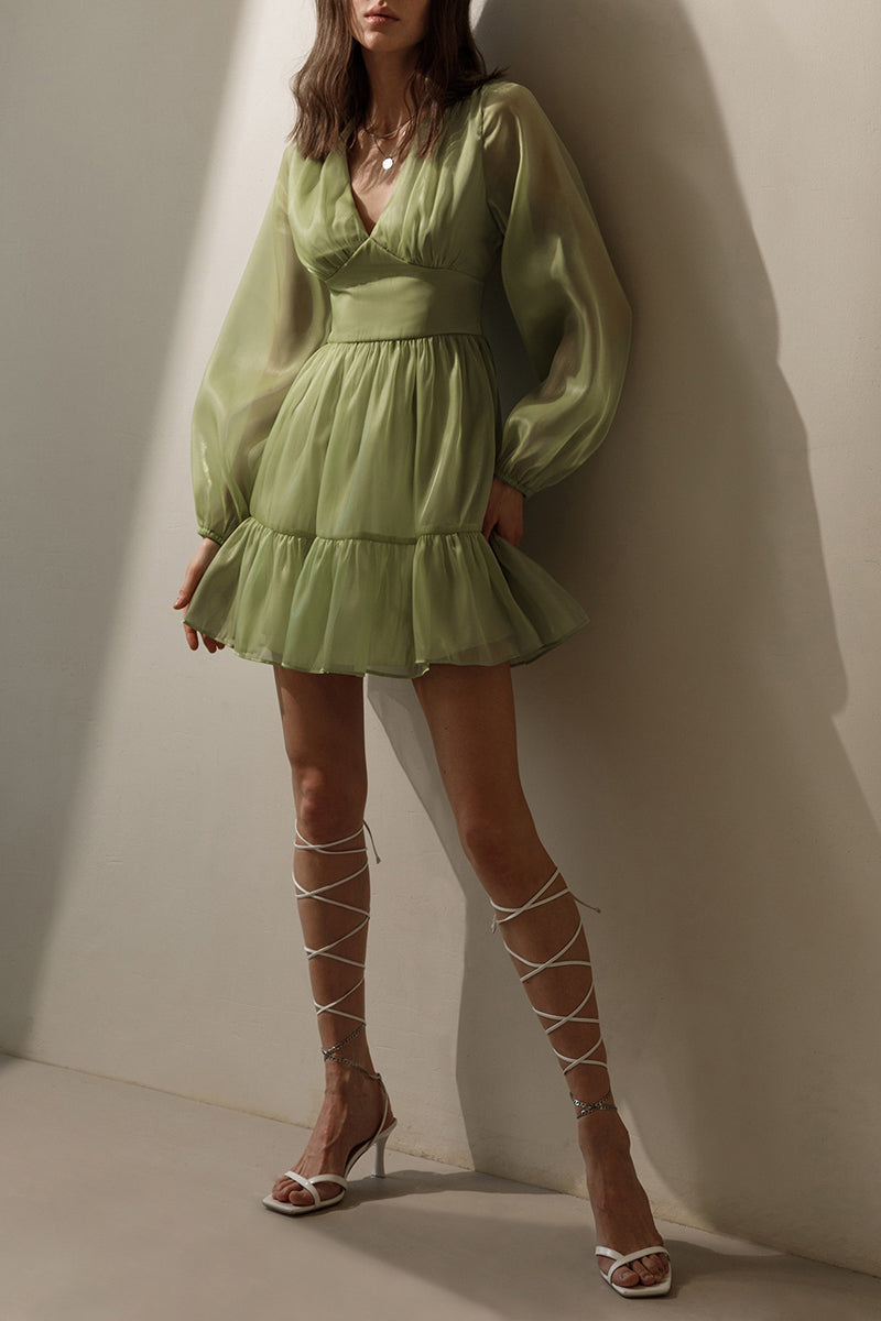 Glitter V Neck Long Sleeve Mini Dress - Fashionpara