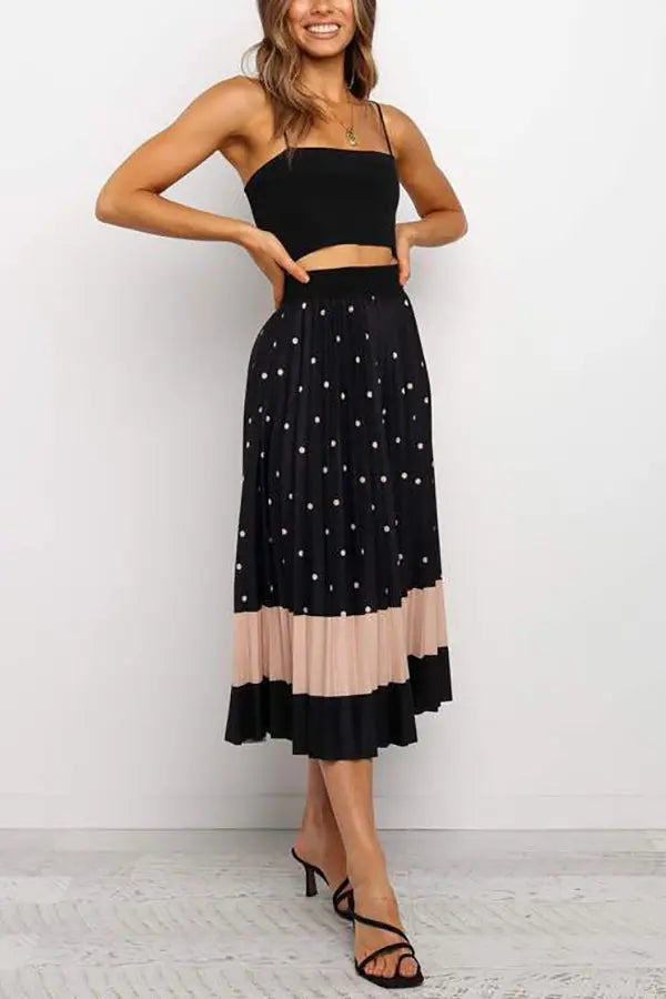 Polka Dot Color Block Pleated Midi Dress - Fashionpara