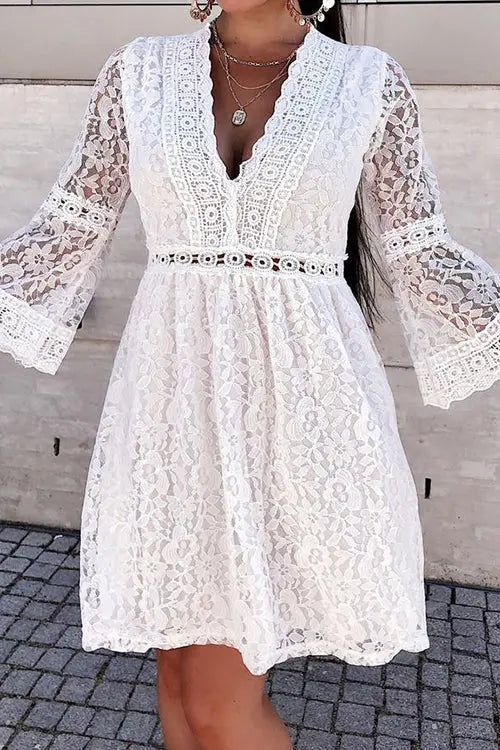 See Though Flares Sleeve V Neck Mini Dress - Fashionpara