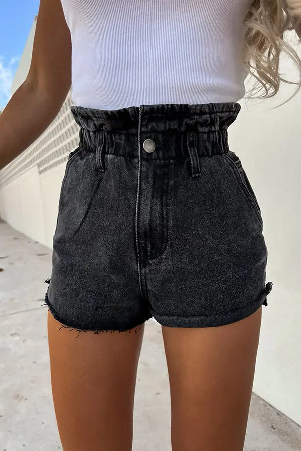 Sundays At The Market Cuffed Denim Paperbag Shorts - Fashionpara
