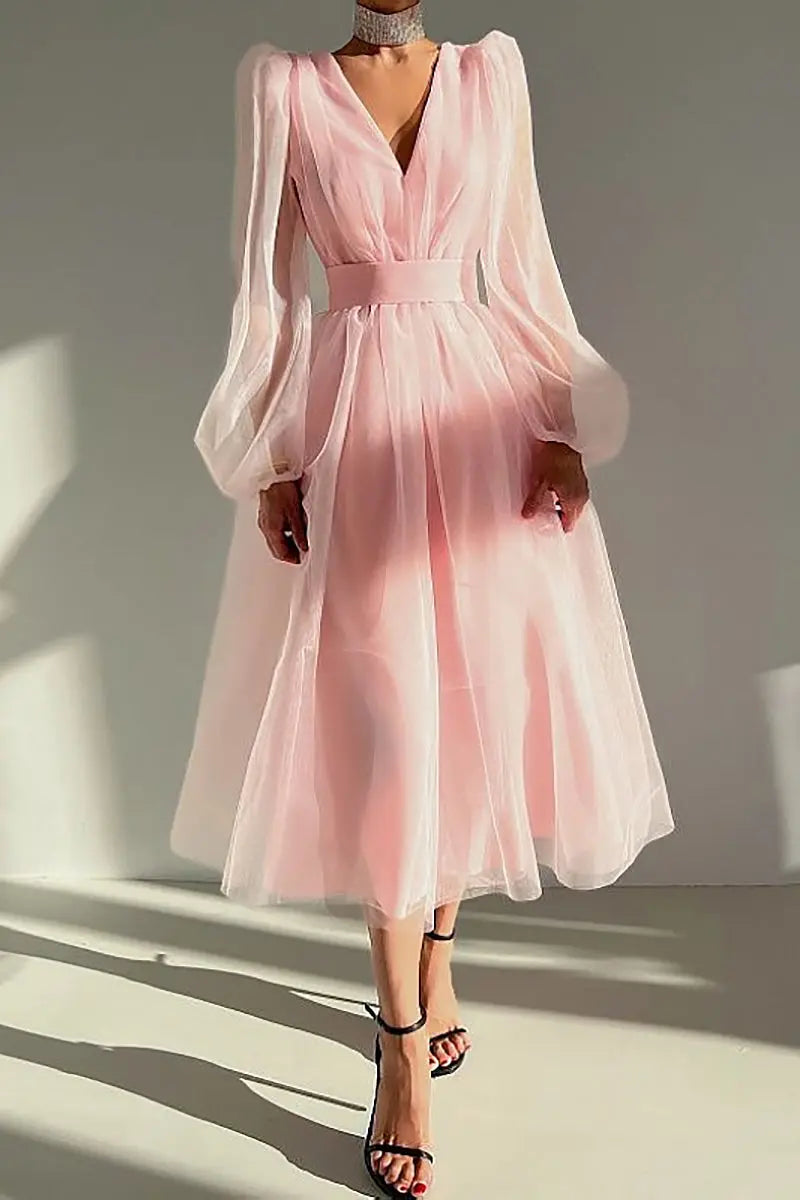 V Neck Tulle Long Sleeve Midi Dress - Fashionpara