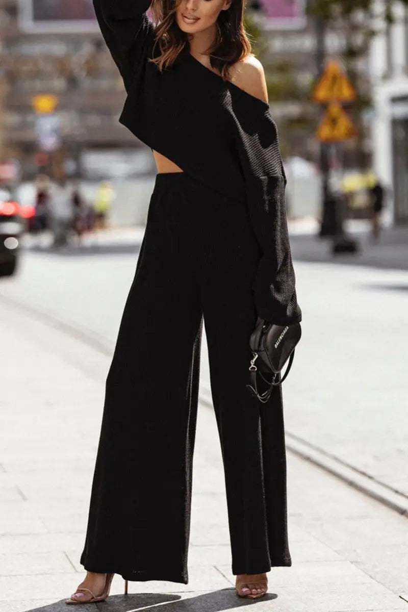 Dew Shoulder Crop Top Pants Set - Fashionpara